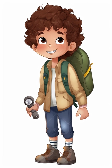 cute boy ages 6 years old curly brown hair in a camping outfit, cartoon style, clipart, white background, transparent background