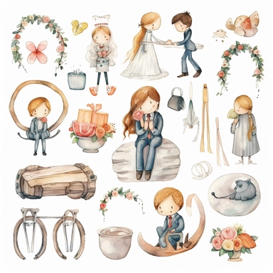 Wedding rings tied with a ribbon, cute wedding illustrations clipart set, ILLUSTRATIONS FOR THE BOOK, cartoon elements, different variants, girl with long hair in a wedding veil, wedding, husband and wife Love, Hearts balloons, veil, garland, wooden elements, sit on a bench, on the car, white transparent background separate elements with a margin Watercolor