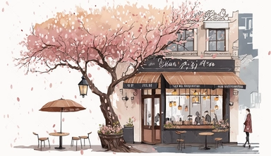Very very cute and Whimsical quirky Jazzy coffee shop, building corner, cherry tree blossom, Raining colorful, Watercolored illustration in the style of Michael Powell, clipart, city vibe background - q2