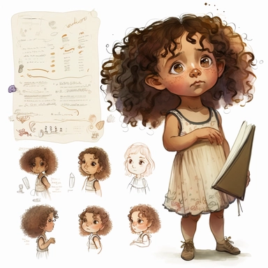 Little girl exploring, character sheet, illustration for book, children's book, multiple positions,five years old, curly hair, dark brown hair,Watercolor Clipart, strybk, full Illustration, 4k, sharp focus, watercolor, smooth soft skin, symmetrical, soft lighting, detailed face, concept art, watercolor style, strybk, children's style fairy tales, chibi kawaii, . Octane rendering, 3d. Perfect face, detailed face, delicate face, perfect sharp lips, detailed eyes. Craig Davison, Aubrey Beardsley, C