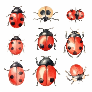 very simple watercolour childrens book style drawing of different isolated cute ladybugs, soft on white background for clipart, 8k