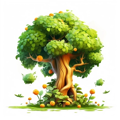 Clipart, cartoon bush in safary, in the style of imax, playful and lighthearted compositions, childlike innocence and charm, light orange and green leaves in the crown of the tree, uhd image, realistic and hyper - detailed renderings, movie still, utilizes, white background
