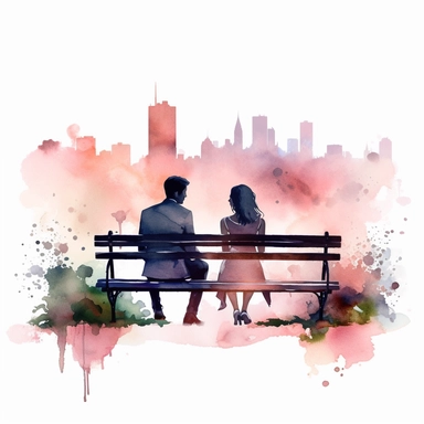 Create a watercolor clipart of a bride and groom sitting together on a park bench, with a city skyline in the distance. No Background