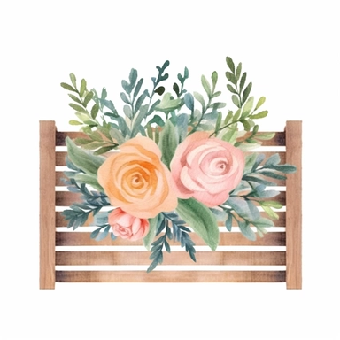 Design a dreamy watercolor clipart of Provence-inspired Olive branches, roses, and eucalyptus arranged in a wooden crate composition, hand-painted with soft and graceful brushstrokes. Draw inspiration from the artistic finesse of Ethereal Petals Watercolors for a refined and ethereal depiction. isolated on a white background, hand-drawn illustration, hand-painted watercolor texture, 16k UHD resolution, intricately detailed, sharp focal points, designed by Ana Victoria Calderon and Holly Exley, i