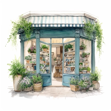 watercolor, hyper realistic, white background, white margins, 16k, ultra detailed clipart, cut out image, hand-drawn art print in french of interior of small boutique with flowers, in the style of green and azure, aquarellist, detailed environments, e. h. shepard, realistic cityscapes, rollei prego 90, outdoor art