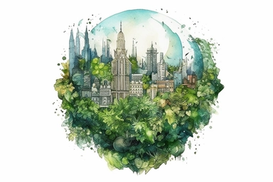 Watercolor, Imagine a planet with a cityscape made entirely of intricate, living vines clipart, hd, on a white background, spaced out
