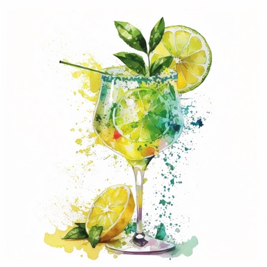 Watercolor one lemon cocktail Clipart, citrus lemon, vibrant color, high details, white background, no text