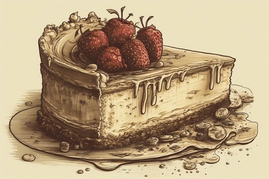 Design of cheesecake clipart, hd on clear and white background spaced out style of Aaron Horkey