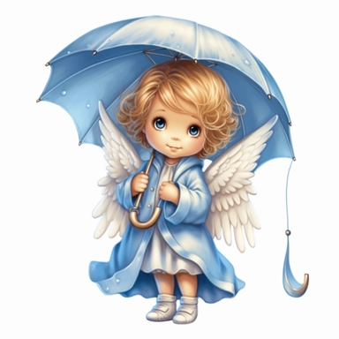 Cute Adorable magical little Angel holds a umbrella in his hand wears a raincape and stand in the rain on a country road, clipart, photorealistic illustration, watercolor, high detail, 8k polished, 8k, vibrant colors, sticker, majestic, die cut, Blue and Gold color, white background
