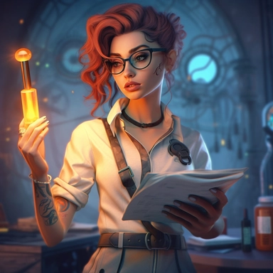 beautiful tattooed female scientist in lab coat, holding clipboard, pixar style, cinematic lighting, digital concept art
