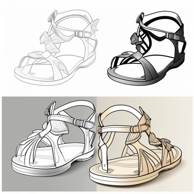 baby beach sandals from the front perspective side perspective and back perspective,studio ghibi art style, black and white, line art,a vector, clipart, white background