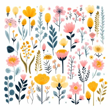 flowers clipart, vector cartoon nursery illustration, flat illustration, pastel colors, white background, very low detail, ar 1:1
