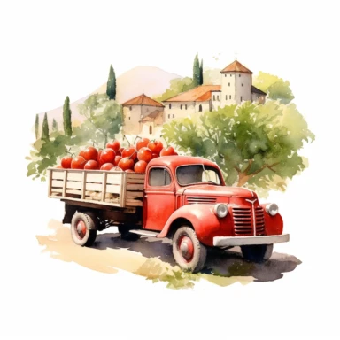 realistic watercolor drawing of a red vintage truck in Italy fruit orchard, on a white background where the background will be removed to repurpose as a clipart.