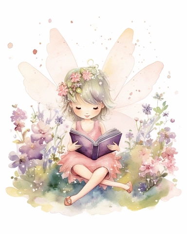 very simple watercolour childrens book style drawing of a cute fairy reading a book surrounded by flowers, pastel colours soft on white background for clipart, 8k