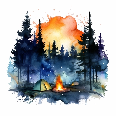 watercolor clipart of a campsite at night with trees and mountains behind, isolated on a white background, I can't believe how beautiful this is