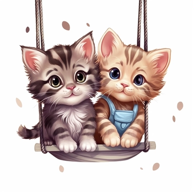 Cute Beautiful Happy Face Couple Baby Kitten sit on a swing Sublimation Clipart ,Cartoon,hyper realistic, intricate detail, illustration style,high solution,on the white background