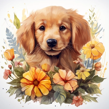 high detailed, Hand drawn watercolor clipart of golden retriever puppy with flowers and plants, Watercolor, art nouveau , on a white background