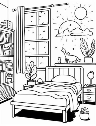 cute home bed room, black and white clipart coloring page, simple and clean line drawing, thin line art, proportionally sized, illustration style