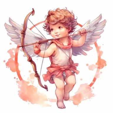 Fantasy Style Ancient Roman style Young happy Boy Cupid God flying sky and holding arrow and bow with watercolor effect,pinky cheeks,beautiful white little wings,suitable for digital clipart,white background,Mythologic Scene,Ancient roman fashion Clipart ,Cartoon,hyper realistic, intricate detail, illustration style,high solution,on the white background