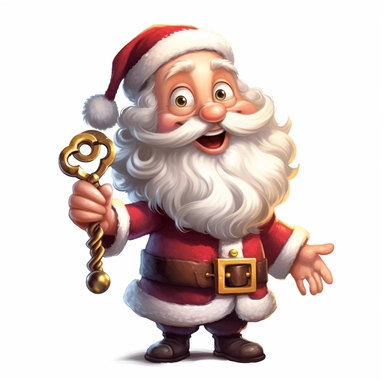 a cute whimsical Pixar Disney style classic Santa Claus he is holding up a little golden sparkling key clipart in one hand, digital illustration, detailed, realistic, detailed Pixar Disney style, on white background