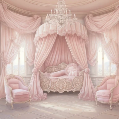 panoramic view, full view, beautiful elegant royal baby girl nursery room drawing painting, frilly, romantic, fantasy, ethereal, light pink and white colors, beautiful crib with beautiful full flowing canopy, beautiful bling crystal chandelier, soft pink teddy bear, beautiful large Victorian style window with beautiful pink flowing drapes, faux fur rug, sharp focus, high detail, 8k, illustration clipart style, transparent background