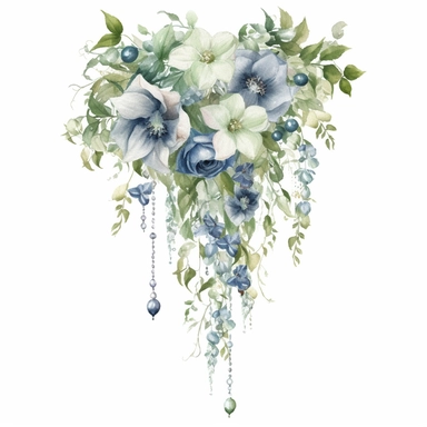 a beautiful long and hanging wedding bouquet, including gorgious blue bell flowers, white flowers and hanging green ivy, include some metallic silver sparkles or glitter as detail and some small hanging ornaments , light colors, creative, watercolors, on white background, for clipart