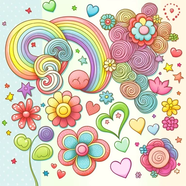 cute pastel rainbow loops, hooks, hearts, stars, doodle, swirls, seamless pattern of quirky whimsical flowers clipart, cartoon blossoms, decorative buttons, watercolr, kawii, hyper realistic,