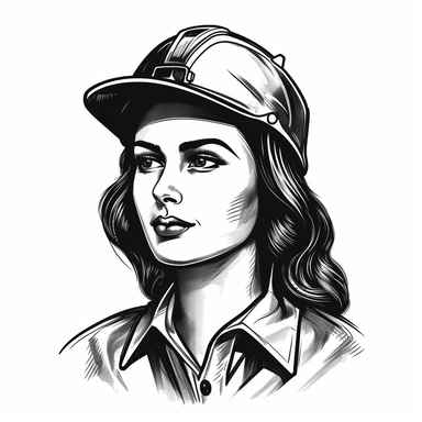 worker woman in hard hat , vintage, logo, clean, solid color, black and white color, clip art style, vector style, white background