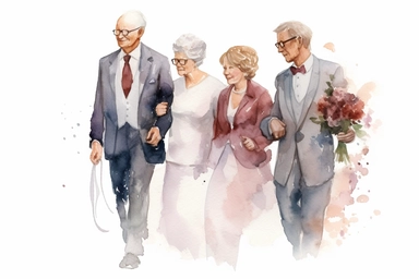 Watercolor clipart in-laws, in the style of realistic watercolor portrait drawings, subtle color variations, algeapunk, transparent/ translucent medium, elegant style, hd clipart, on white background, spaced out