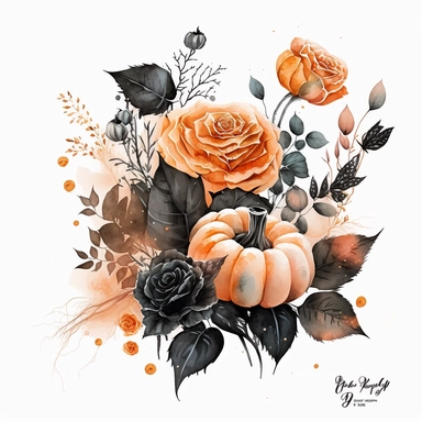 watercolor orange and black roses bouquet clipart, halloween themed, spider and pumpkins, white background