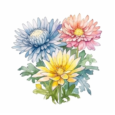 Create a beautiful clip art image using hand-drawn watercolor techniques, featuring a family gift niche with birth flowers representing a family of three. Customize the image by selecting birth flowers for each family member: a February baby (Primrose), a July baby (Water Lily), and a November baby (Chrysanthemum). Add a touch of whimsy to the image by including small butterflies or birds among the flowers, symbolizing the joy and harmony within the family.