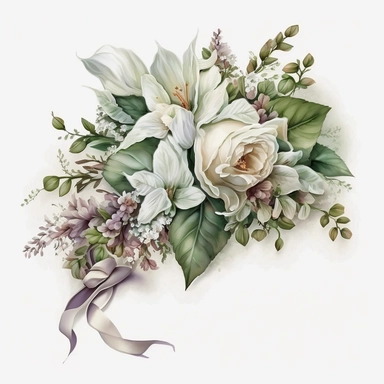 clipart aquarelle, detailed ans realistic, white background. beautiful flower tribute in white color, white theme, Bouquet for funeral, loss, sorry, with additions like sash ribbon