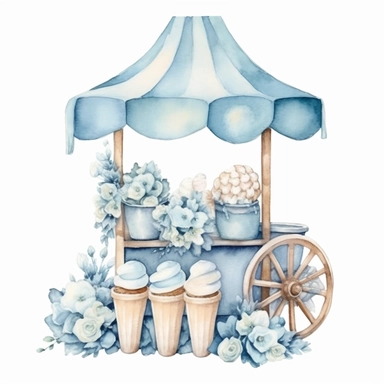 Watercolor wedding icecream blue stand, wedding clipart, simple, soft colors, cartoon elements, watercolor boho style, white transparent