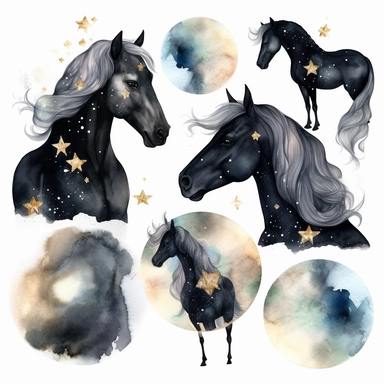 black unicorn watercolor clipart collection, white background, with margins, beautiful, elegant, galaxy, stars, celestial