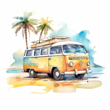 Design a watercolor - style clipart that showcases a charming camping van parked by a scenic beach, white background