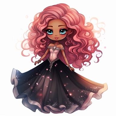 A cute detailed black girl in chibi style, Jasmine Becket - Griffith style, watercolour illustration clipart with real glitter detail, wearing a beautiful pink full length ballgown style dress, the girl has long red hair, the girl has blue eyes, full body image, with feet isolated on a white background,