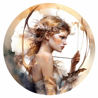 zodiac sign sagittarius as a girl, clip art, fantasy, watercolor, serge marshennikov, corcle frame , arrow