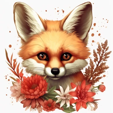 clipart , Lashes, super lovely, nursery, close-up of an fennec foc, flower. The red panda has fluffy fur with black markings, large ears, and bright eyes. It is standing on top of a white background. vintage clothing hyper realistic 8k