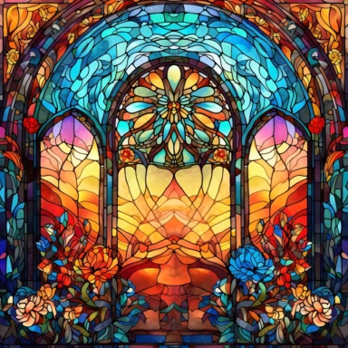 an intricate stained glass window design clipart, in the style of art nouveau, #screenshotsaturday, reimagined religious art, multiple shapes,islamic art and architecture, no background, vibrant colors, sunshine coming in through the glass, flowers at the bottom, dramatic lighting