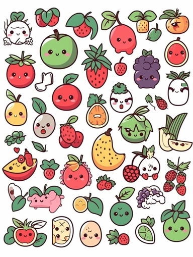 Kawaii doodles clipart set with white background, fruits, cute and adorable, flat design, clearly defined separated image, high quality
