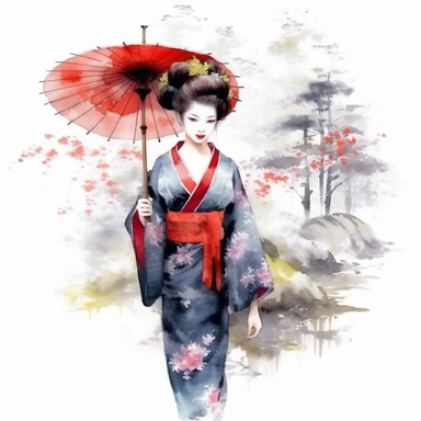 watercolor, white background, clipart, watercolor, white background, ultra-realistic and hyper-detailed clipart, 2d animation style, very beautiful confident Elegant geisha in a serene garden setting