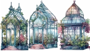 watercolor clipart set illustrations of beautiful intricate Victorian Glass greenhouses with flowers on white background
