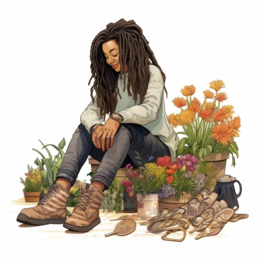 llustration of black woman, with locs, gardening, boho modern aesthetic, cottagecore, avacadopunk, florals, soft pastel tones, comfortable shoes, flawless line work, watercolor, flat, low detail, clipart, white background