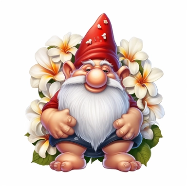blob:https://discord.com/9e86f402-ac49-4fa8-97b9-b640345ddad6, gnome with plumeria flowers clipart, white background