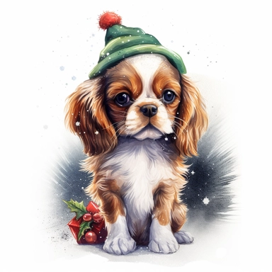 create a beautiful original high quality highly detailed watercolor clipart illustration of a small and adorable king charles cavalier puppy looking up at you with loving eyes celebrating Christmas day wearing a cute Christmas sweater in front of a gorgeo