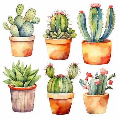 6 Watercolor cactus in a vase clipart, hd, isolated on white background, spaced out ar 3:2 s1000