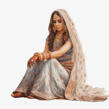 Watercolor clipart, indian bride sitting with henna on feet, highly detailed, multilayered realism, UHD, 8K, 3D, solid white background