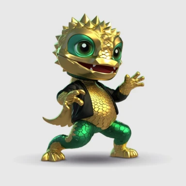 baby Godzilla, looks like Michael Jackson, doing dance steps, wearing a miami heat basketball jersey, wearing a gold pendant with a gold bitcoin on it, wearing hip hop style black satin pants and a green iridescent silk shirt, techno lighting, clipart on plain background