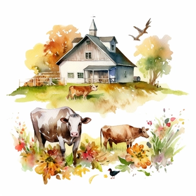 watercolor farm house clipart with meadow and some animals, white background, no comment, 8k