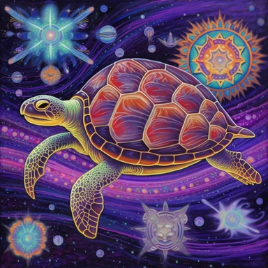A oil painting of a turtle clipart with a surreal and fantastical design, floating in a starry sky with planets and comets. The turtle has a large body, a long neck, four wings, and a spiral tail. only four legs. Its shell is covered with intricate patterns and symbols in glowing colors. The background is a dark purple sky, creating a contrast with the turtle’s luminous appearance. The painting has a magical and mysterious style, with an imaginative use of elements and colors. The perspective is